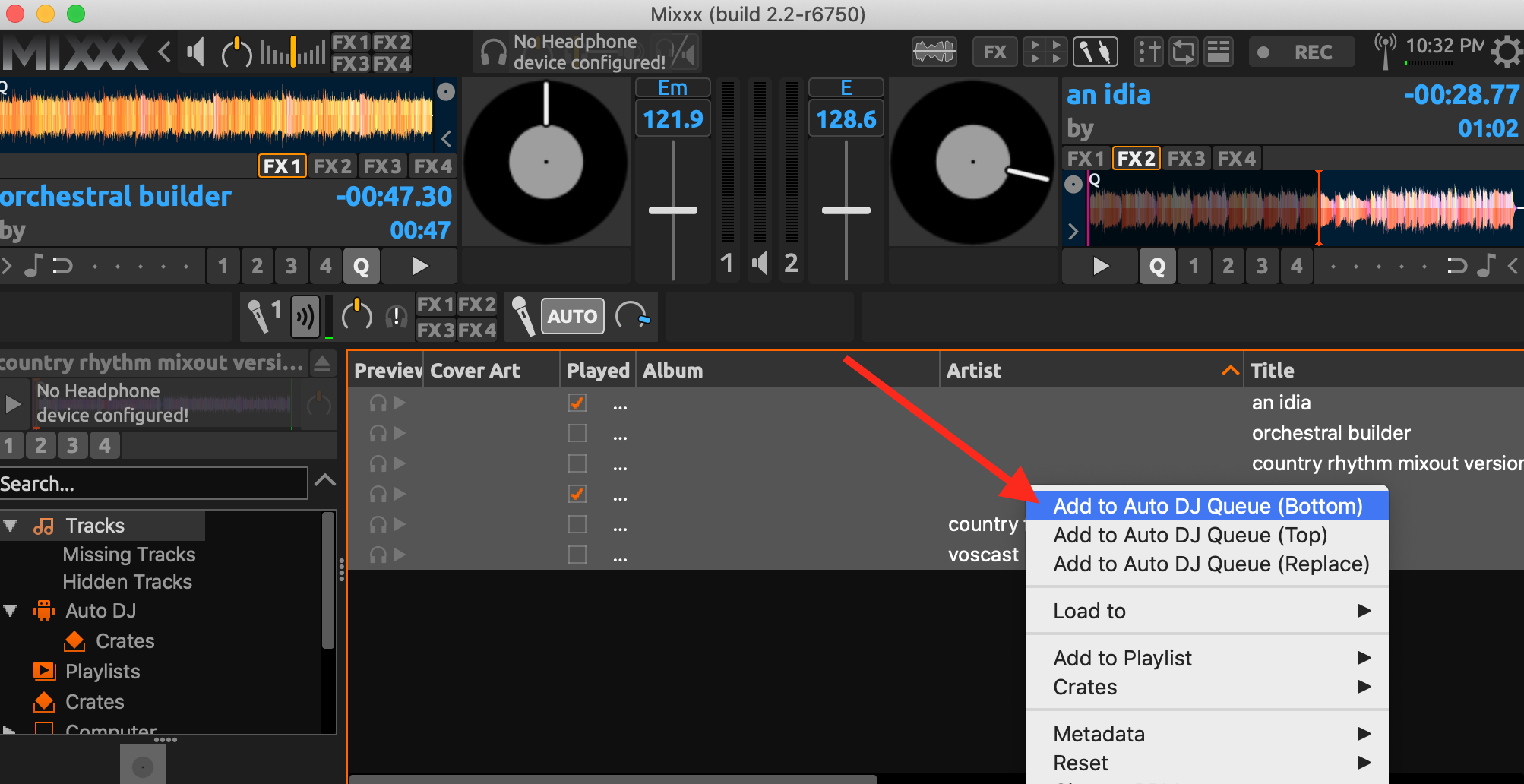 Adding tracks to Auto DJ in an older Mixxx version