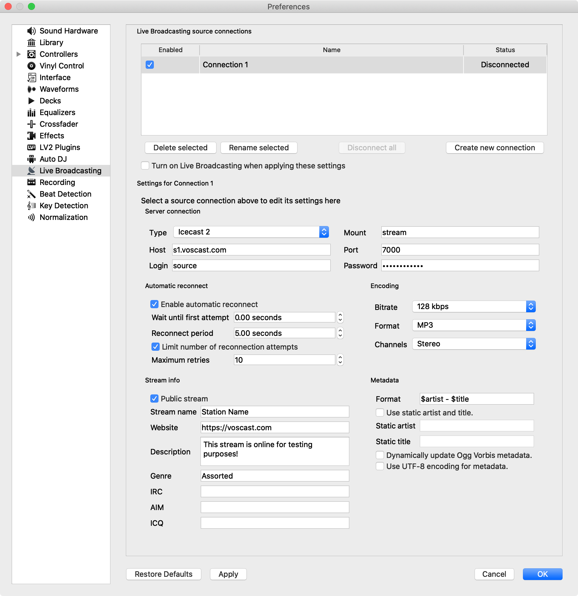 Older Mixxx Live Broadcasting settings for Icecast