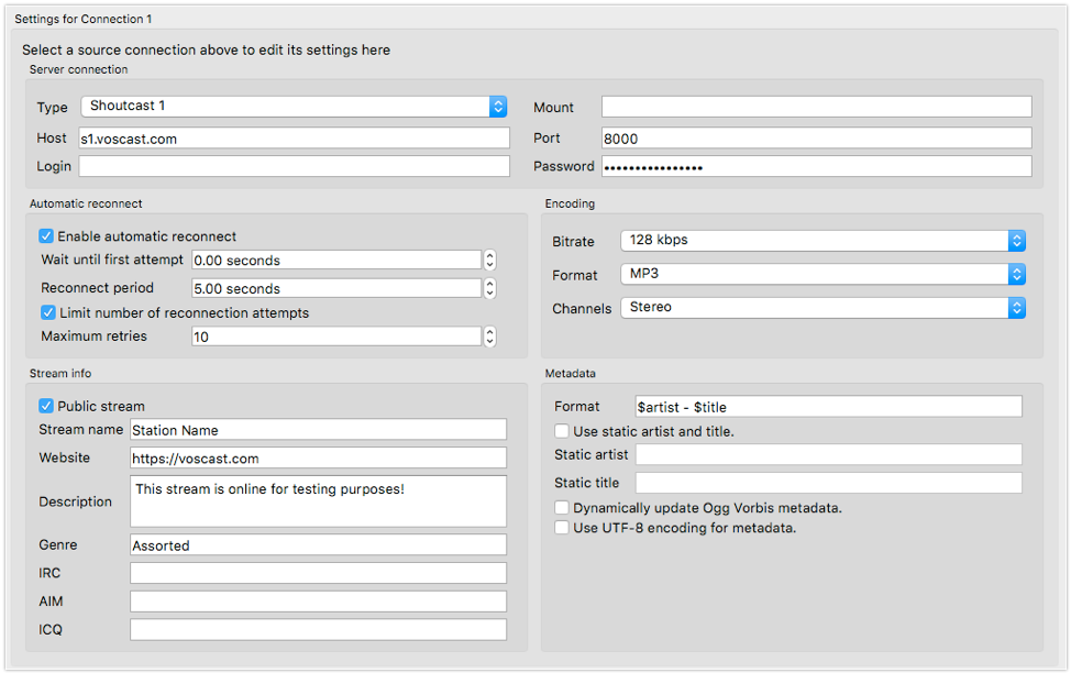 Older Mixxx Live Broadcasting settings for SHOUTcast