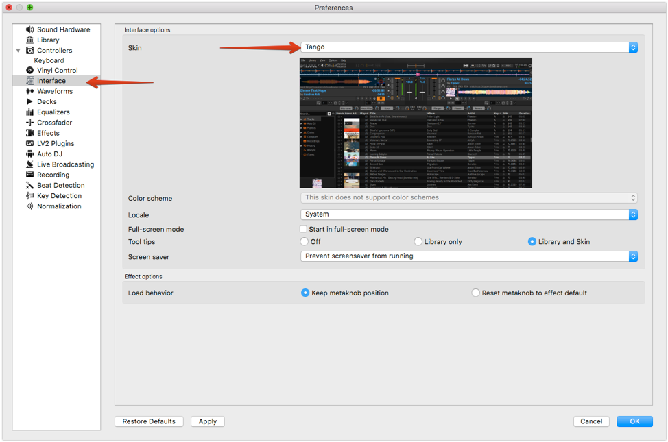 Older Mixxx skin selection screen
