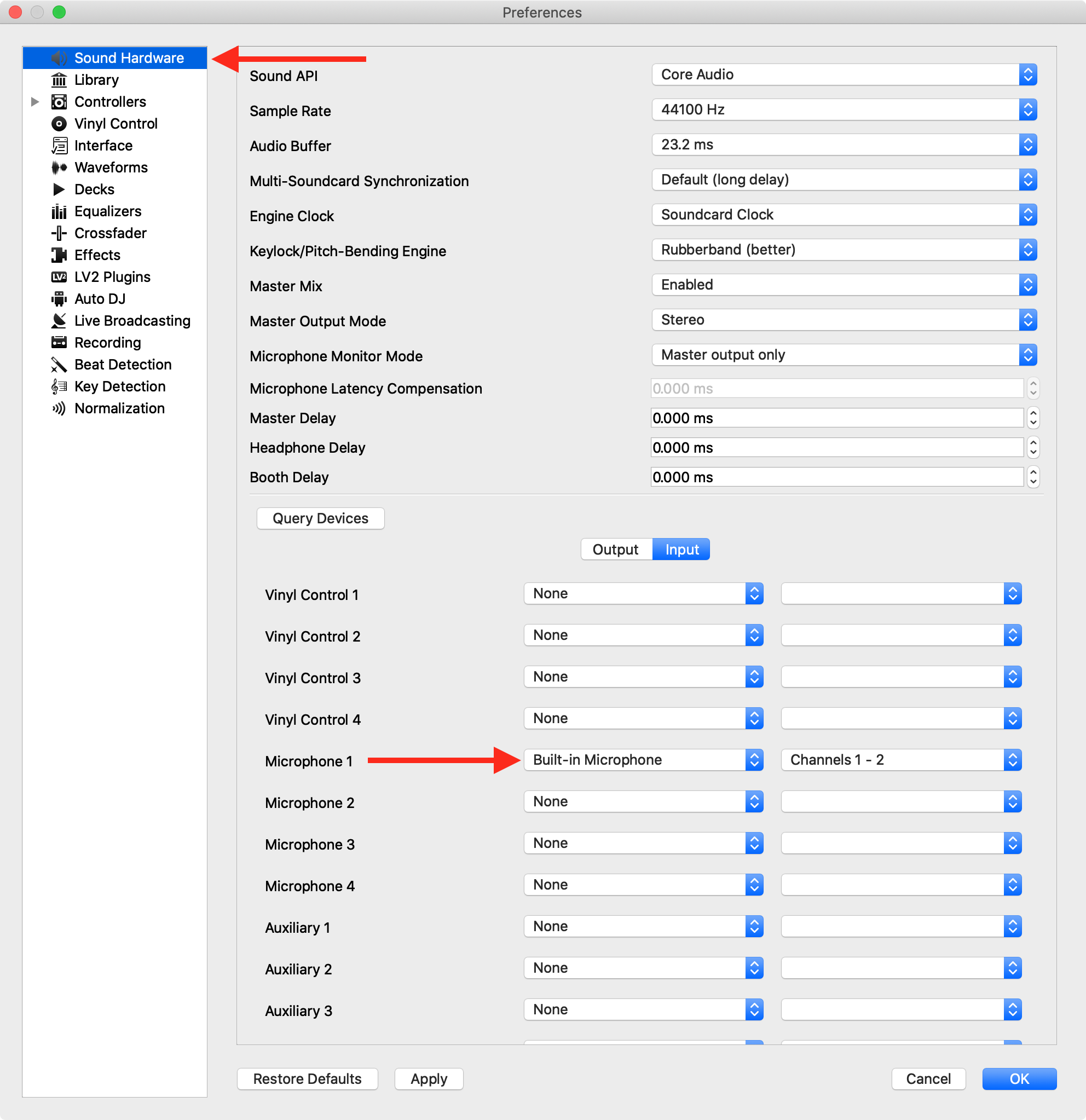 Microphone input selection in an older Mixxx version