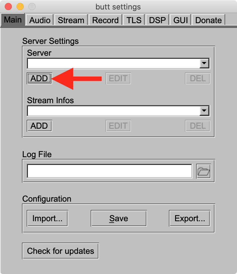 Adding a server in an older BUTT version