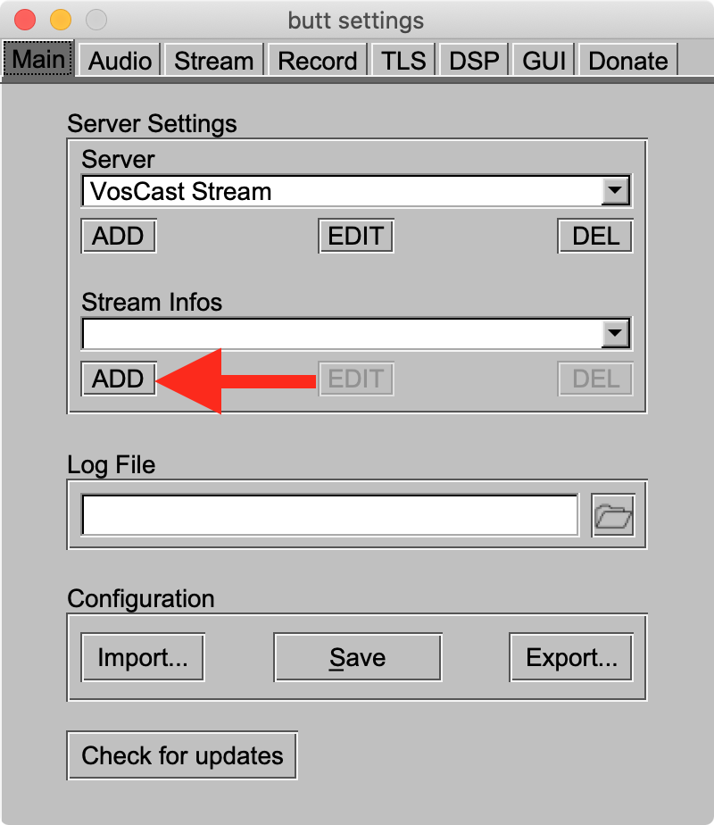 Adding stream information in an older BUTT version