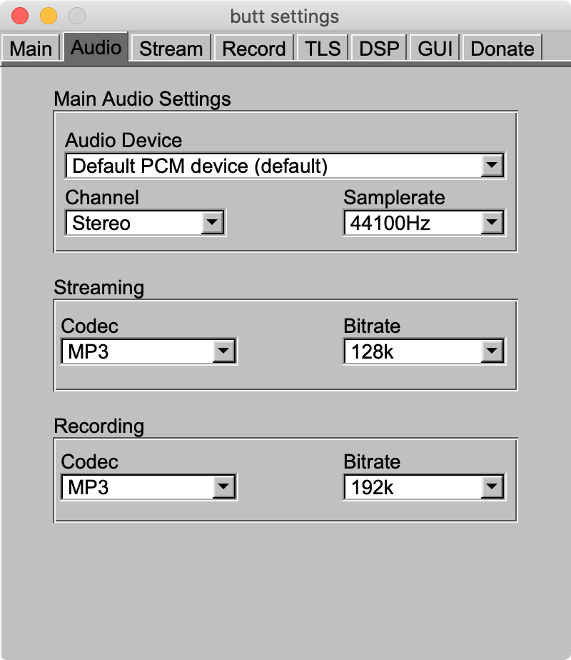 Audio input and encoding controls in an older BUTT version