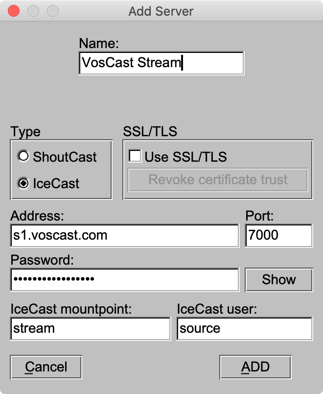 Older BUTT server profile screen; use your current account values