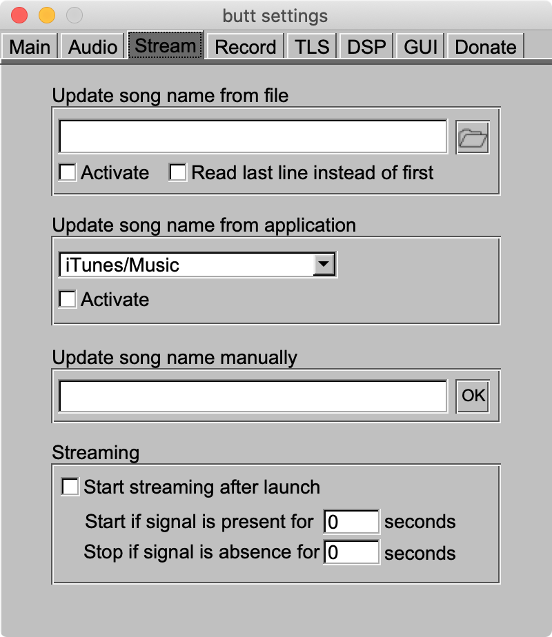 Song-title controls in an older BUTT version