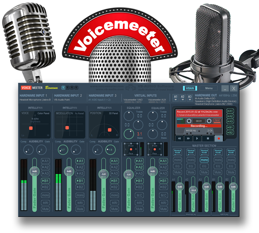 Voicemeeter Banana product overview showing hardware inputs, VAIO and AUX strips, and A1/B1/B2 routing buttons